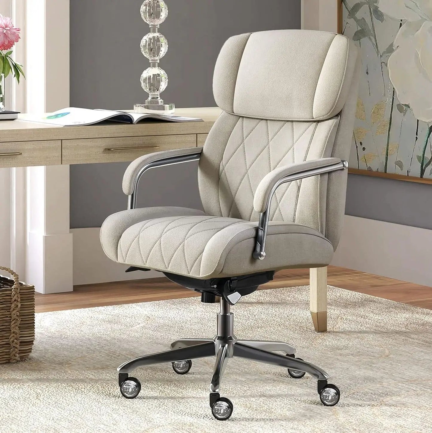Quilted Leather Executive Office Chair With Lumbar Support Cream from PriceLows™