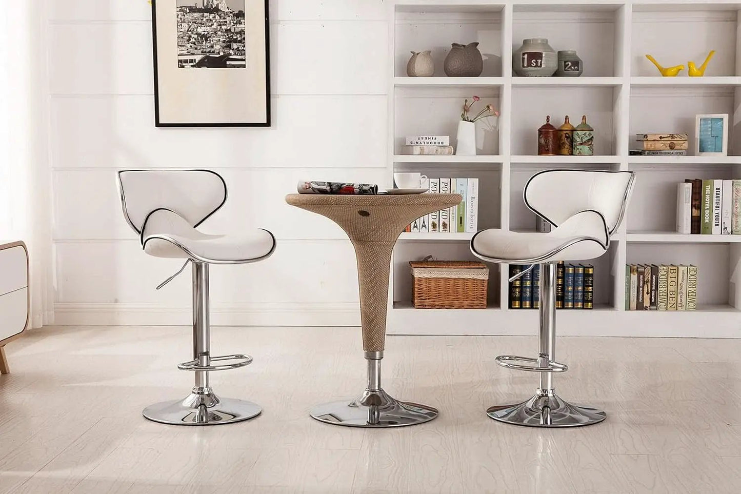 White Cushioned Leatherette Barstool Set Of 2 Adjustable Height Swivel from PriceLows™