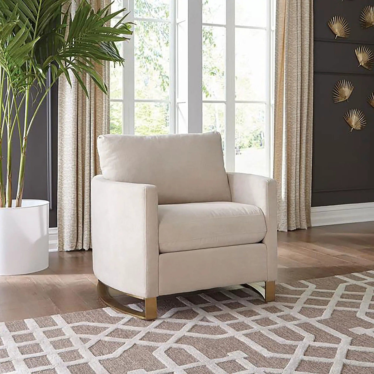 Corliss Upholstered Curved Track Arm Chair | 38.5 x 36.5 x 36 in | Velvet & Stainless Steel | Beige