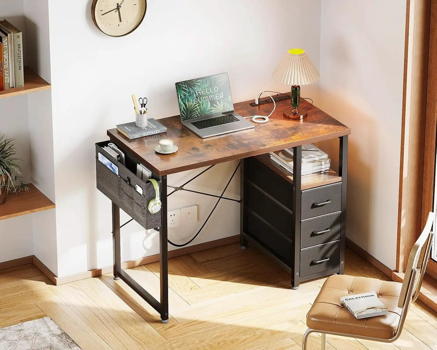 32-Inch Vintage Desk With Drawers And Charging Station from PriceLows™