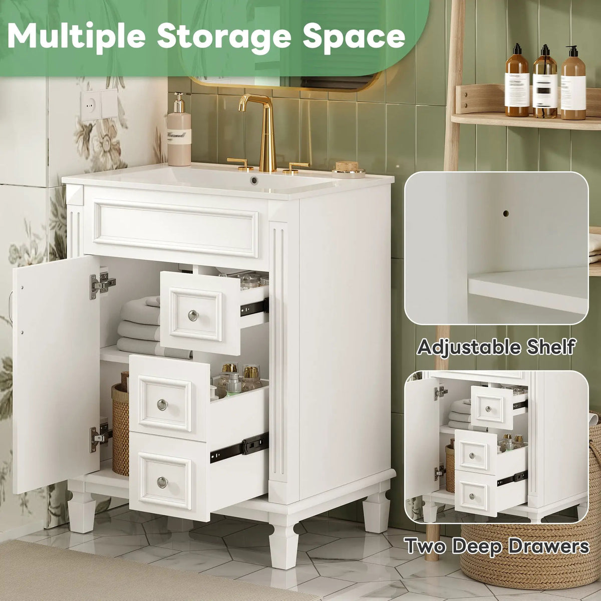 24 Inch Compact Bathroom Vanity | 2 Deep Drawers | Adjustable Shelf | Retro Button Handles