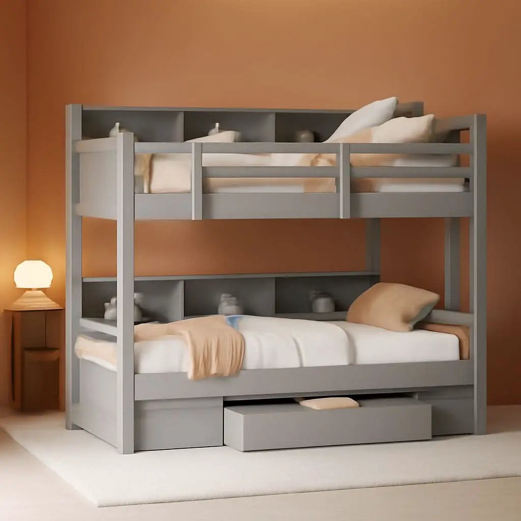Gray Twin Over Twin Bunk Bed With Storage Drawers Shelves from PriceLows™