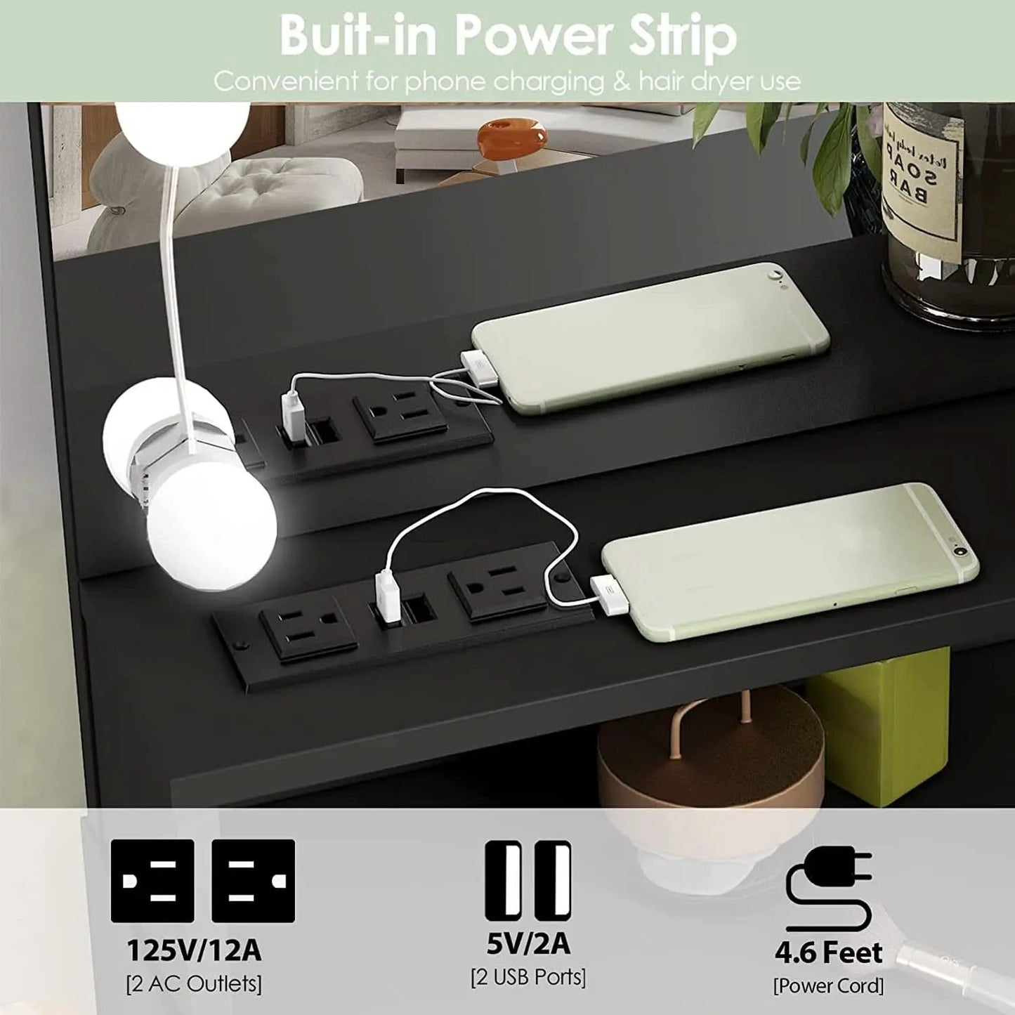 Black Makeup Vanity Table With Lighted Mirror And USB Ports from PriceLows™
