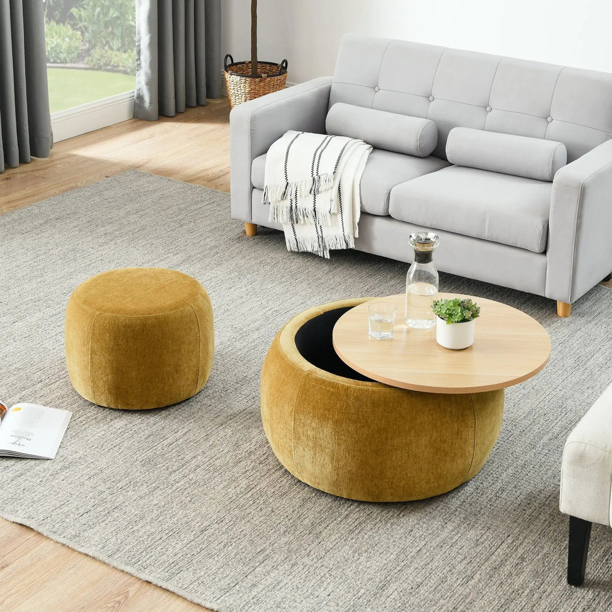 Round Storage Ottoman | Pleated Fabric | Removable Lid