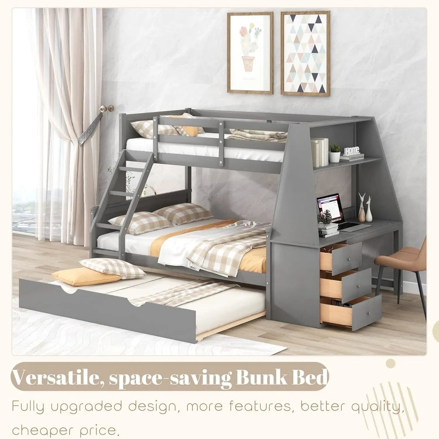Gray Twin Over Full Bunk Bed With Trundle And Desk from PriceLows™