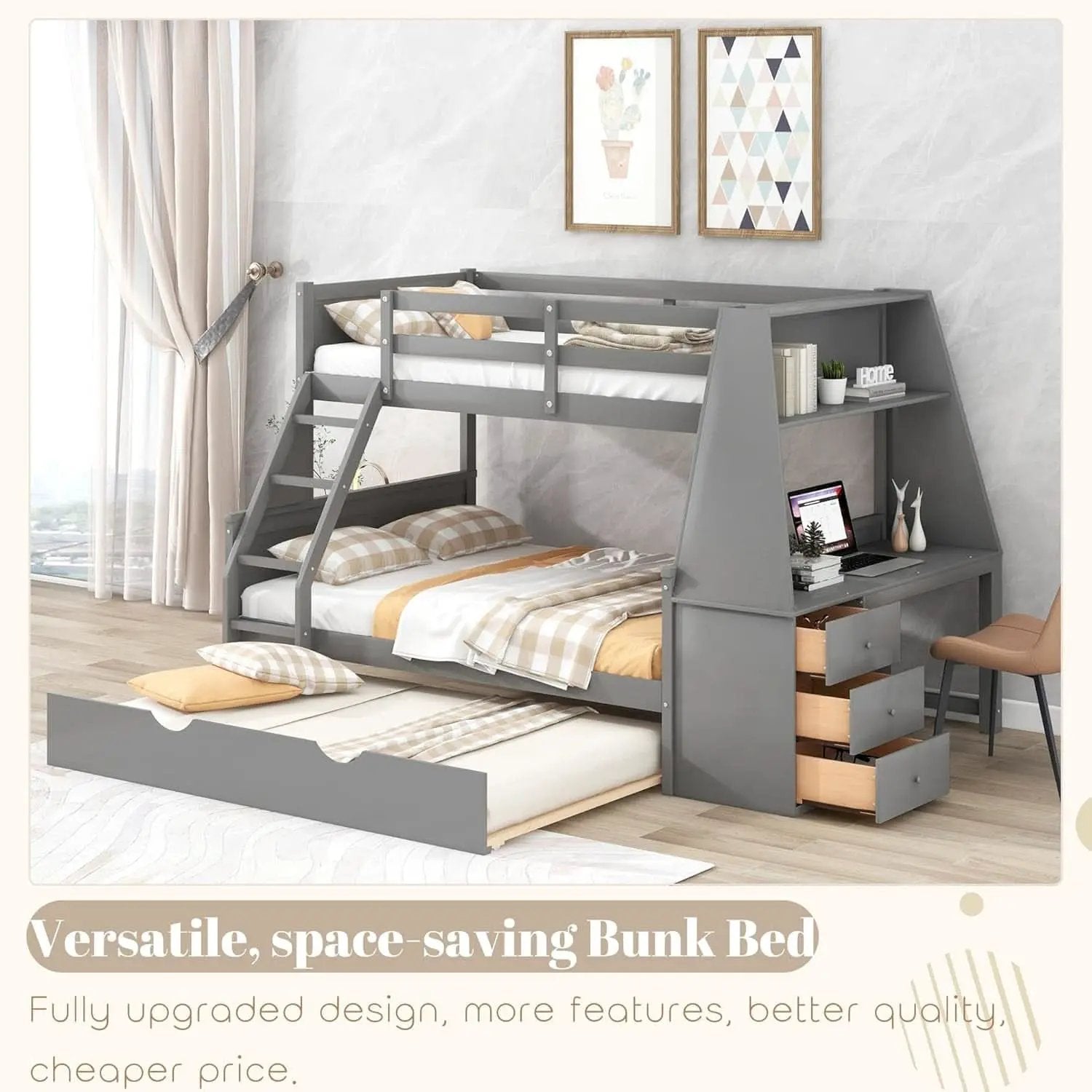Gray Twin Over Full Bunk Bed With Trundle And Desk from PriceLows™