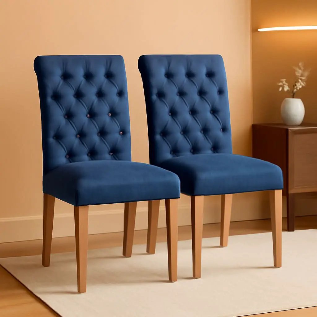 Blue Button Tufted Dining Chairs Set Of 2 With Solid Wood Legs from PriceLows™