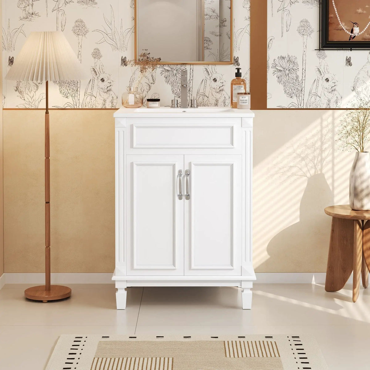 24 Inch Bathroom Vanity With Top Sink | Rubberwood Frame | 2 Soft Closing Doors | Glossy Ceramic Basin