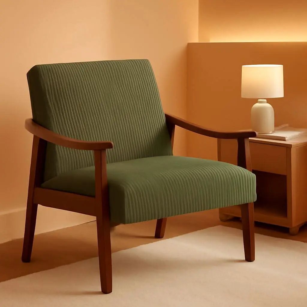 Dark Green Corduroy Armchair Mid Century Solid Wood from PriceLows™