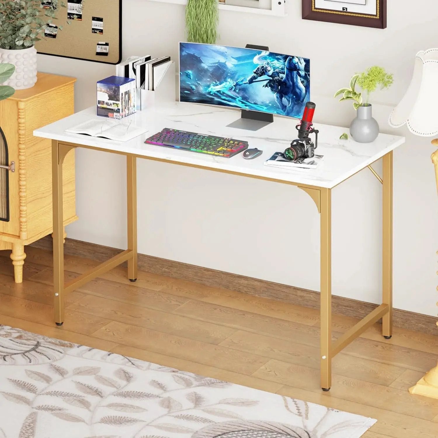 47 Inch Computer Desk Gold Metal Frame Modern Home Office Desk from PriceLows™