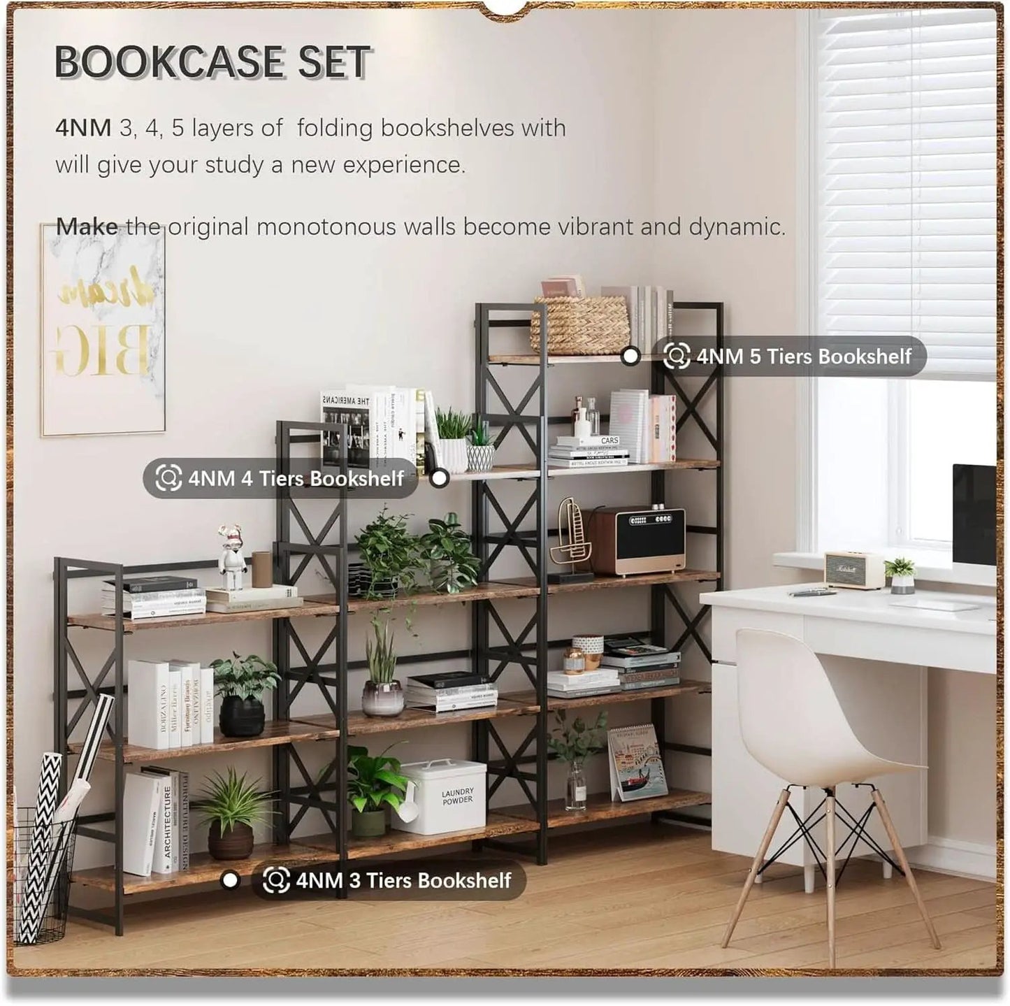 5 Tier Folding Bookshelf No Assembly Rustic Brown Storage from PriceLows™