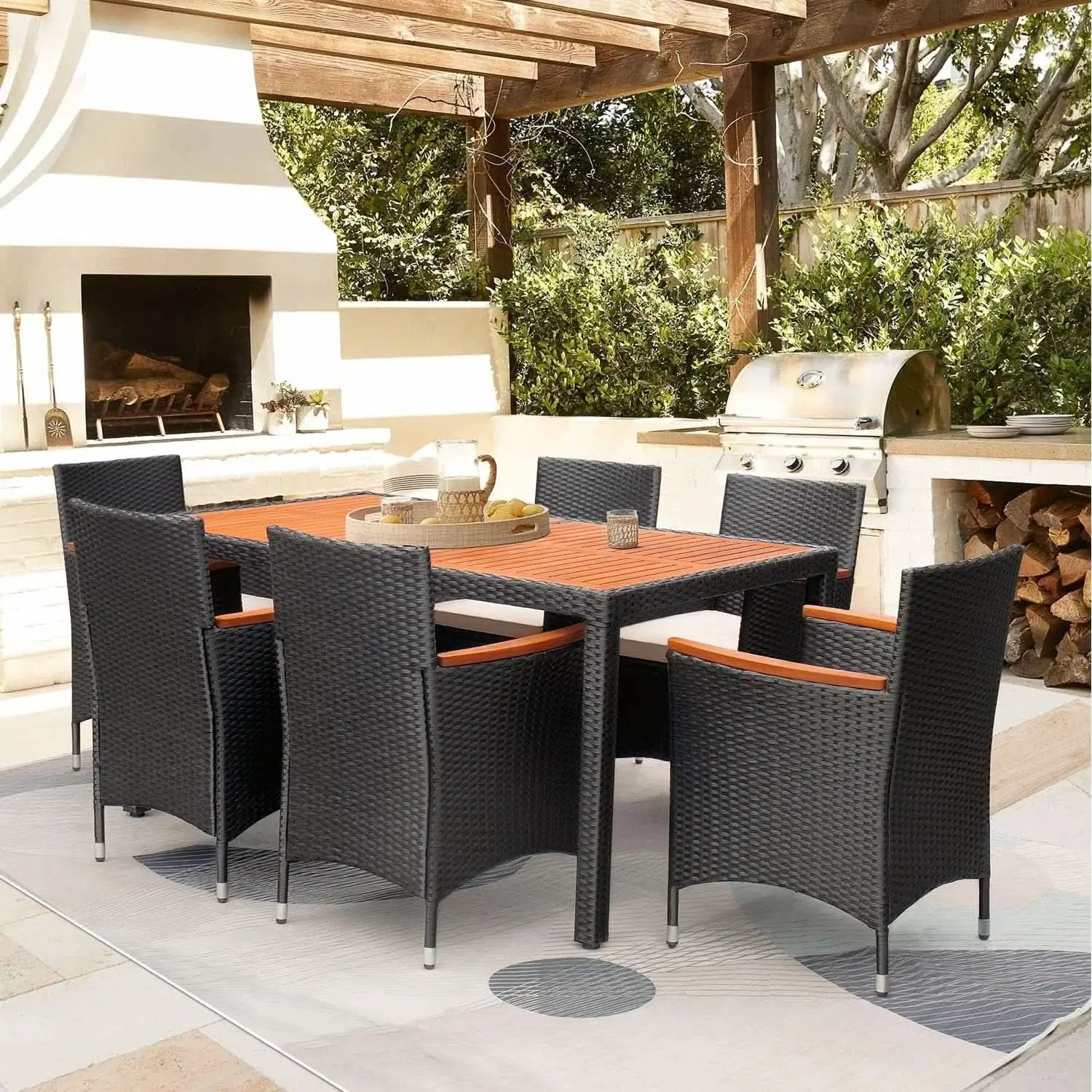 7 Piece Patio Dining Set Acacia Wood Table Wicker Chairs from PriceLows™