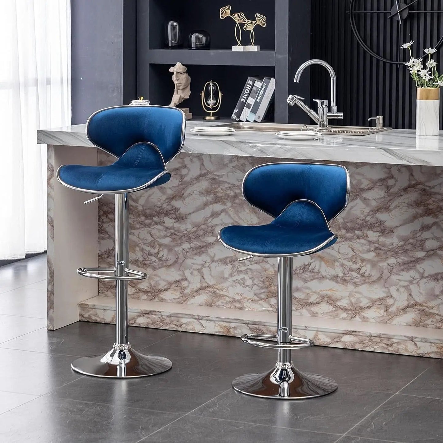 Blue Velvet Upholstered Adjustable Swivel Barstool Set Of 2 from PriceLows™