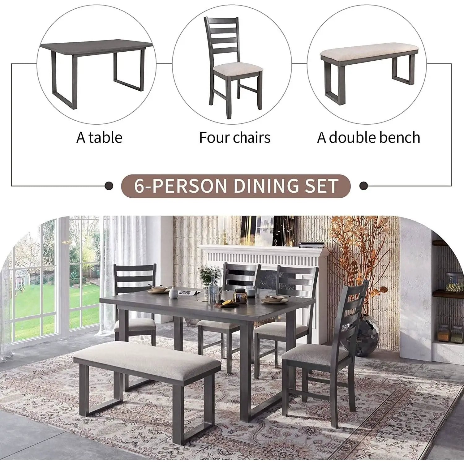 6 Piece Rustic Wood Dining Table Set With Bench And Chairs from PriceLows™