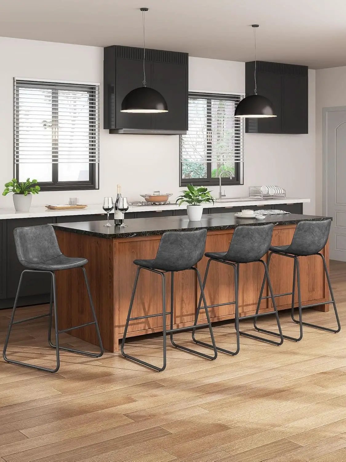 Gray Faux Leather Bar Stools Set Of 3 26 Inch Counter from PriceLows™