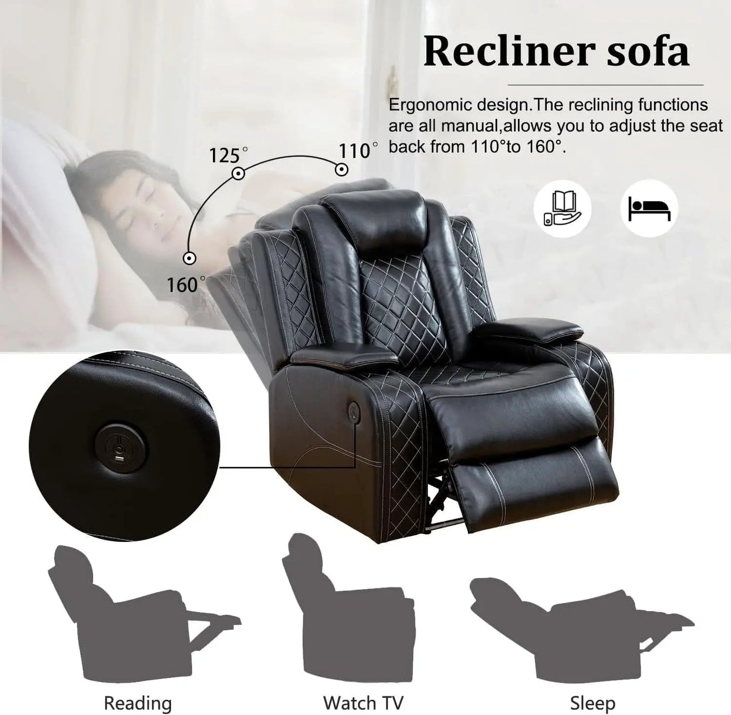 Black Power Recliner Sofa Set With LED And USB Charging from PriceLows™