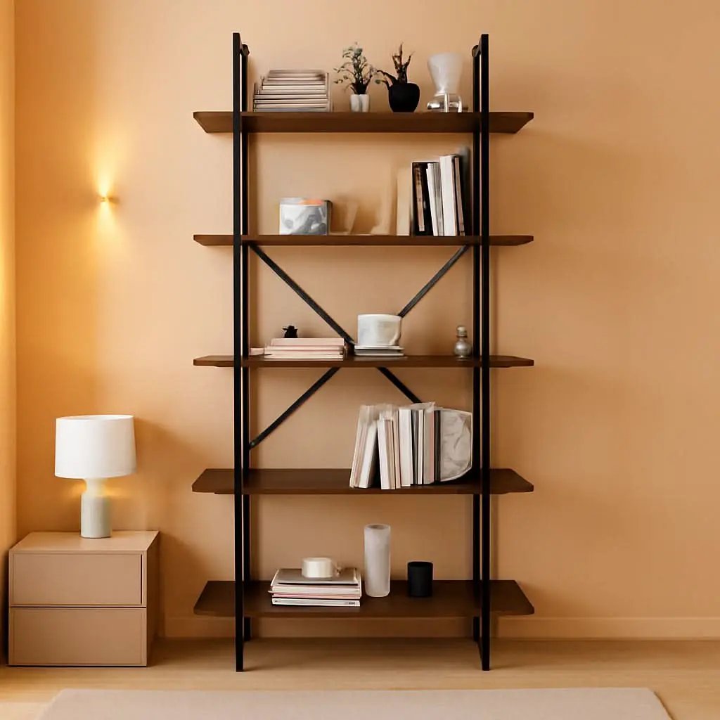 Five Tier Bookshelf Organizer Rustic Brown Metal Shelving from PriceLows™