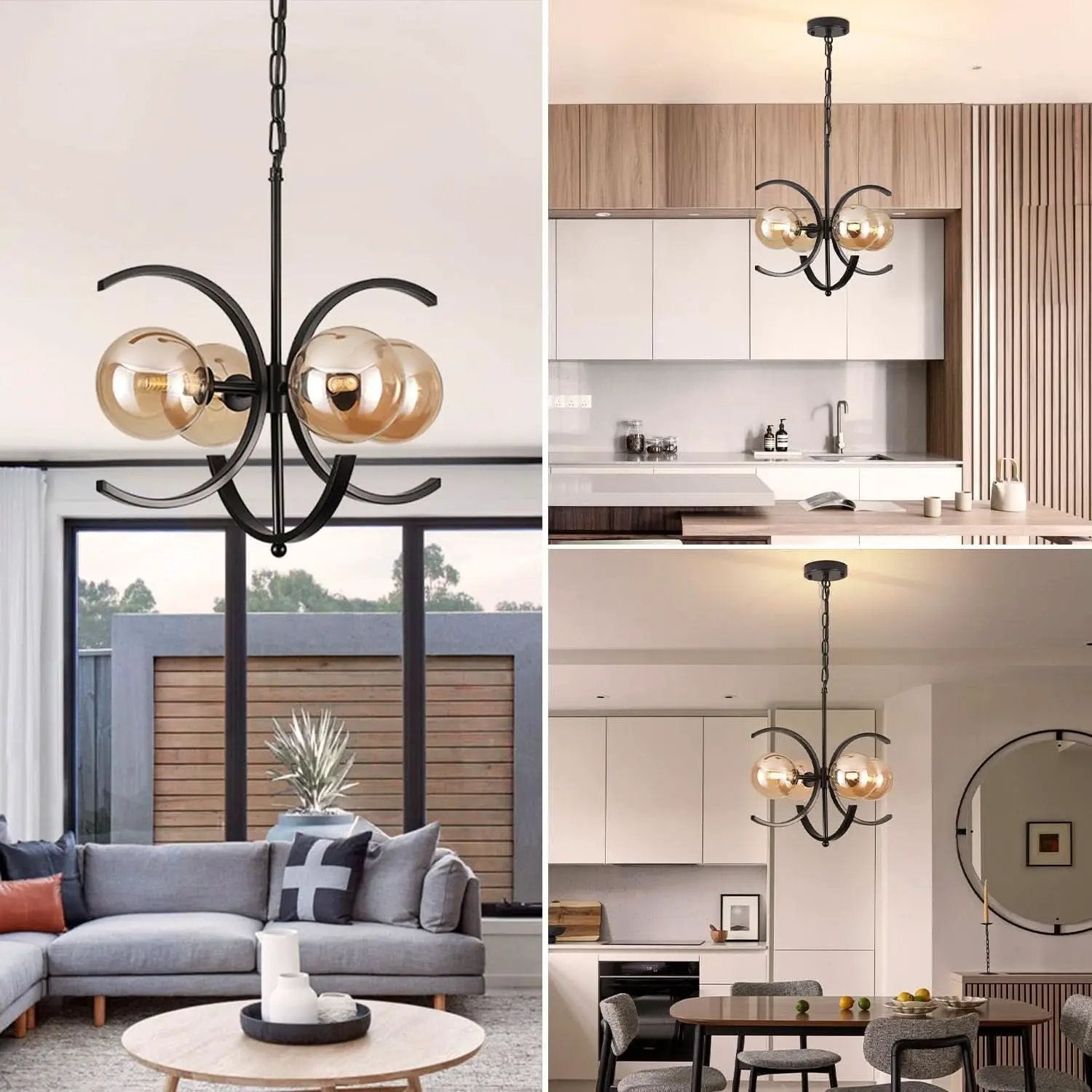 Black Sputnik Chandelier 4 Light Amber Glass Globes from PriceLows™