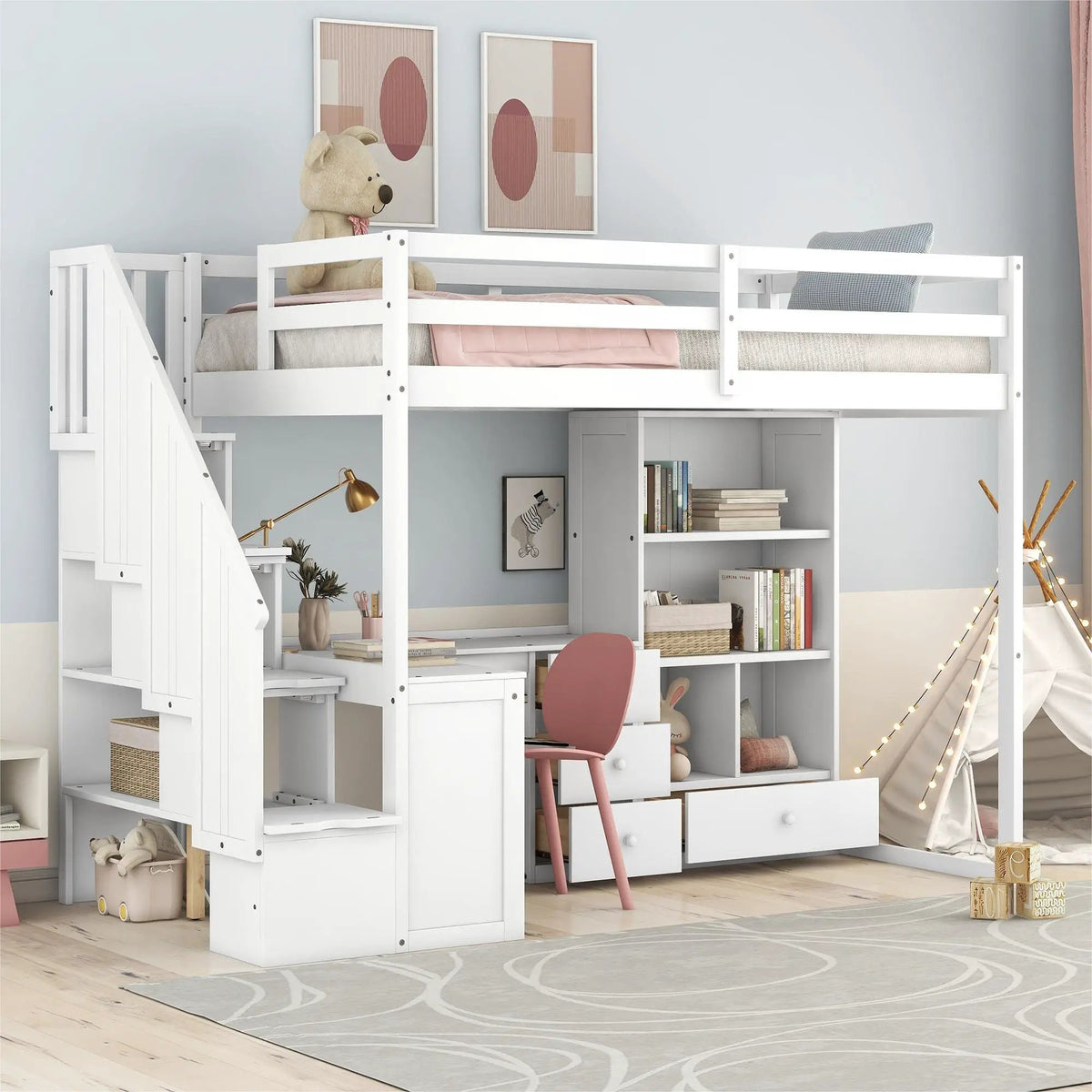 Loft Bed | L Shaped Desk | Storage Staircase | Built In Drawers