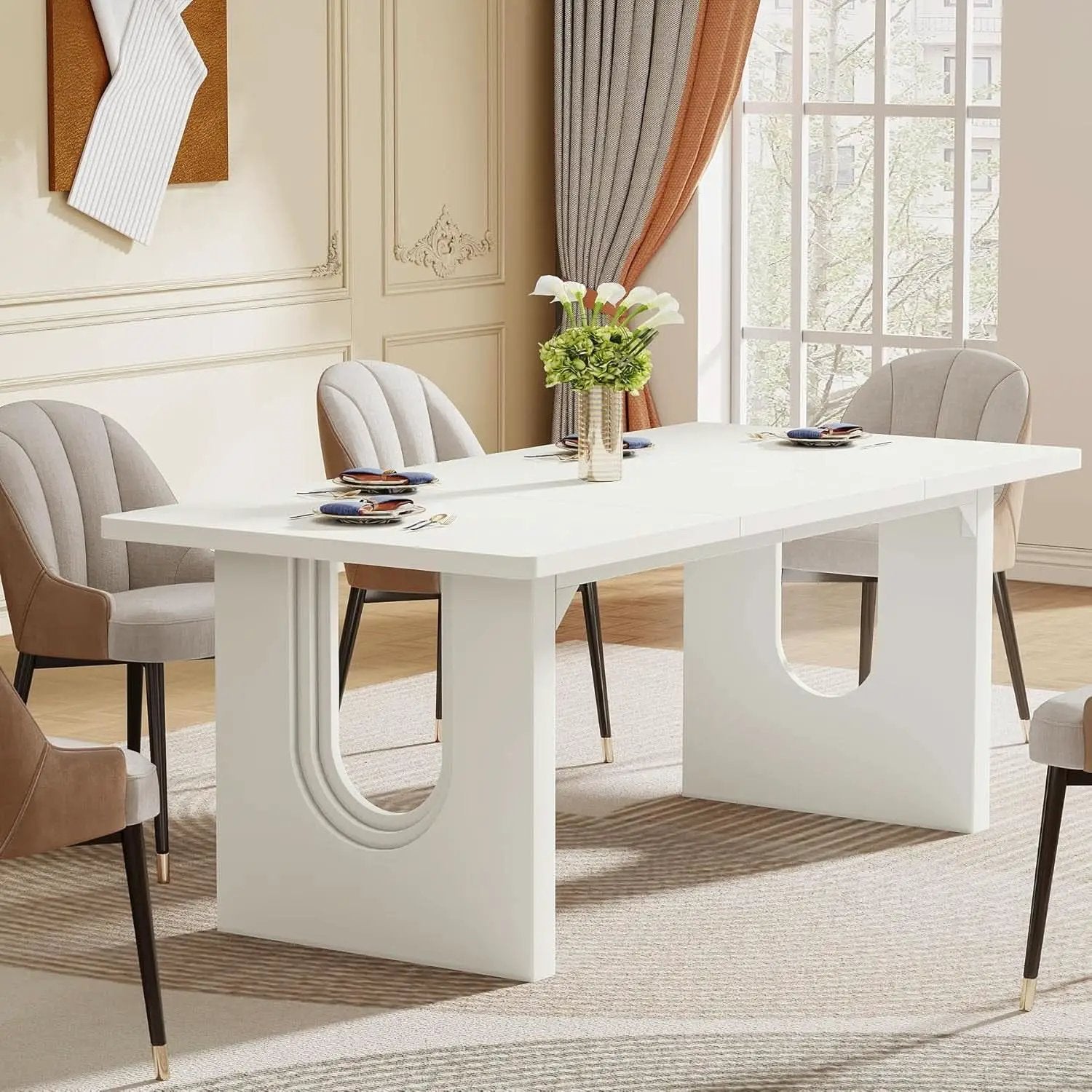 Modern White Dining Table 71 Inch With Wood Pedestal Base from PriceLows™