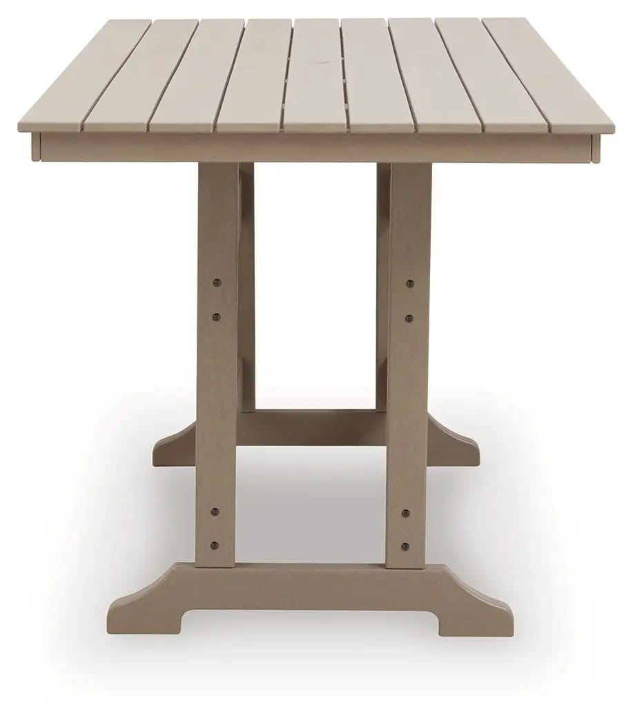 Seacliff Beach Rectangular Counter Height Dining Table With Umbrella Option | 71.88 x 37.38 x 36.75 in | Stainless Steel & Aluminum | Medium Brown