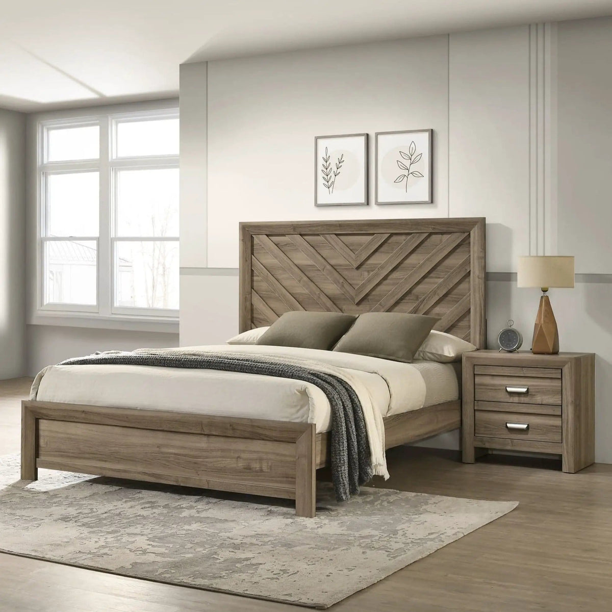 2 Drawer Nightstand With Pulls, Bedroom Furniture Light | 23.6 x 15.9 x 23.6 in | Solid Wood & Metal | Brown