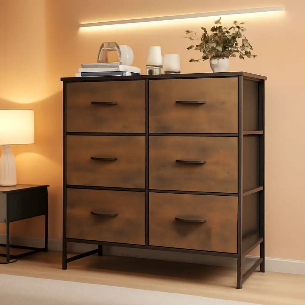 6 Drawer Dresser Rustic Brown For Bedroom Storage Solutions from PriceLows™