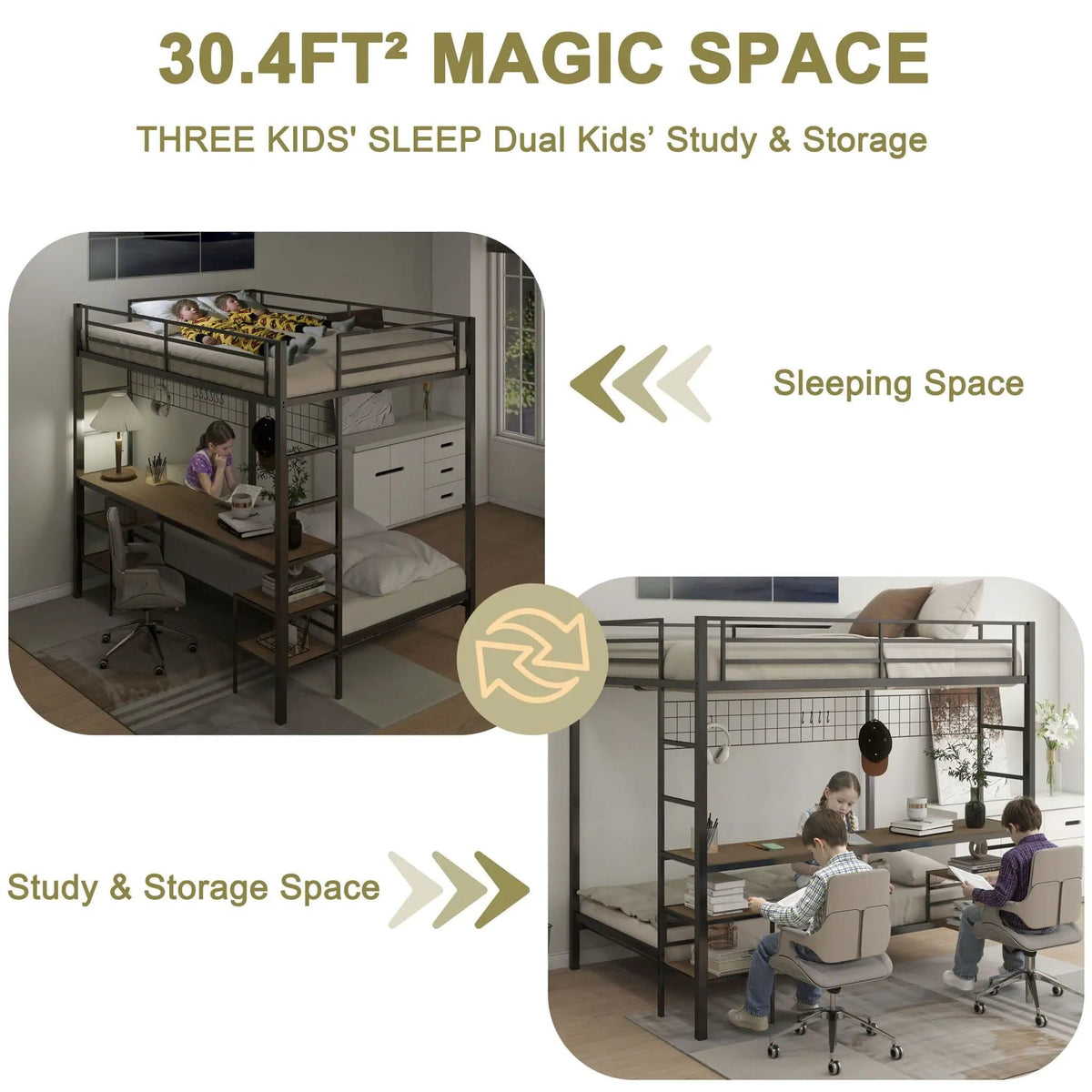 Ethan Bunk Bed With Desk, Charging Station, Storage Shelves | 2 Pieces | Metal | Bedroom