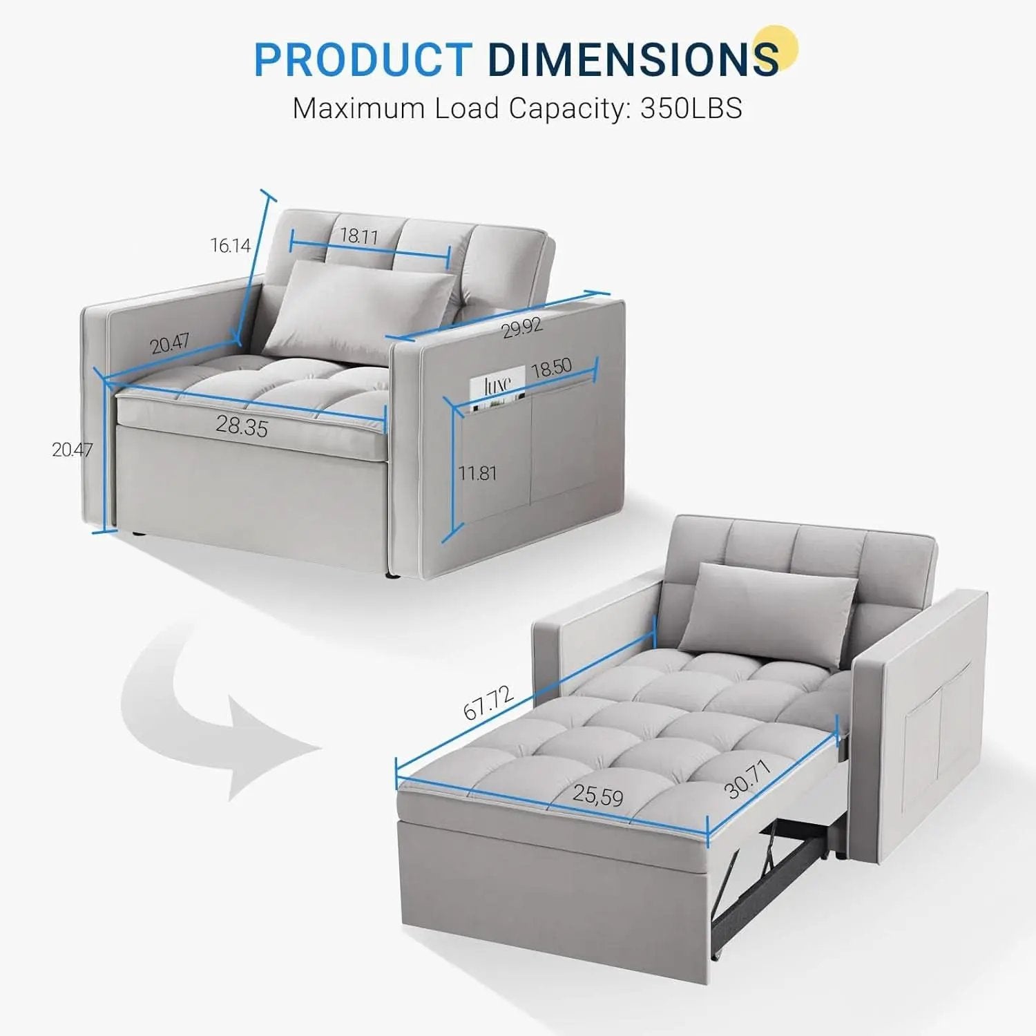 Grey Sleeper Sofa Bed Chair Three Level Adjustable Backrest from PriceLows™