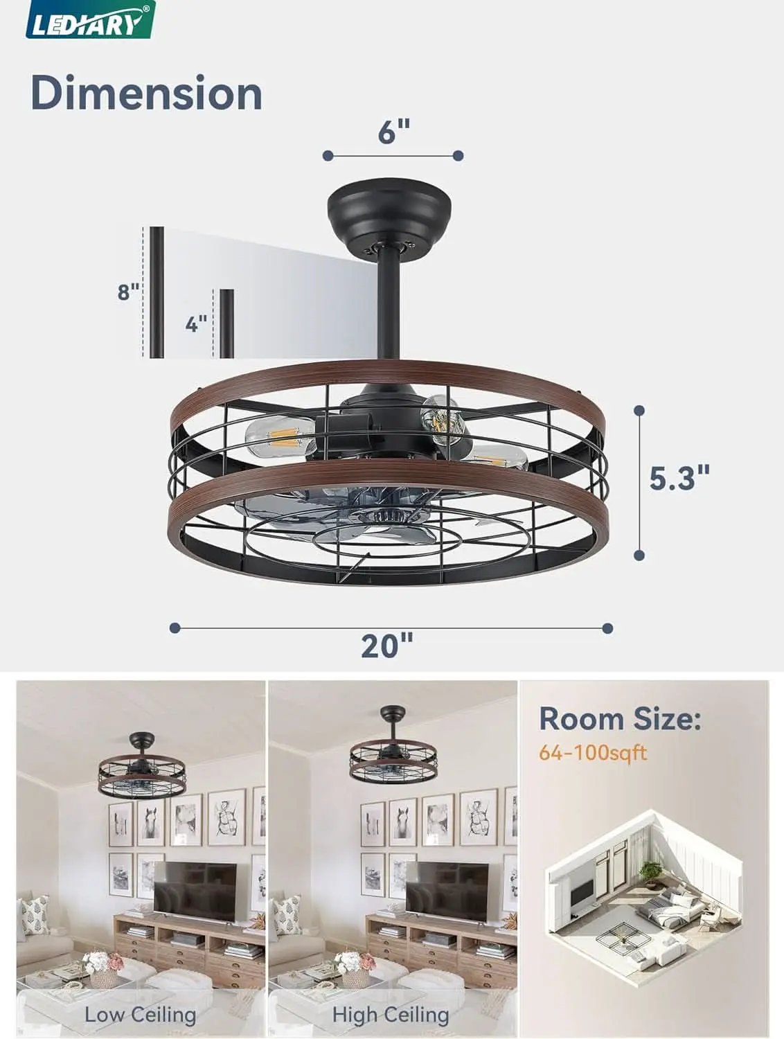 20 Inch Walnut Caged Fandelier Ceiling Fan With Light And Remote Control 6 Speeds With Timing from PriceLows™