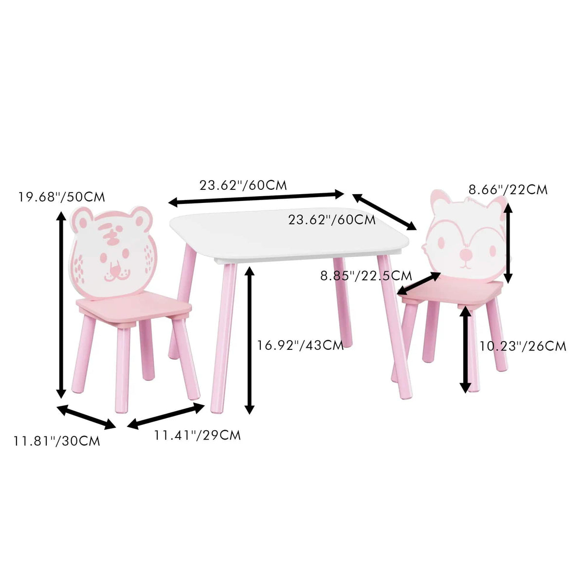 Table And Chair Set, 3 Piece Wooden Toddler Desk With Animal Backrest Pink / | 3-Piece Set | Mdf | White