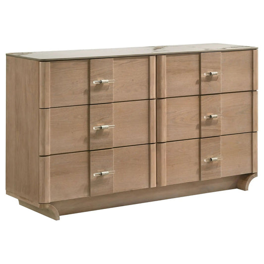 Leanne 6-drawer Sinter Stone Top Dresser Cabinet | 60 x 18.25 x 34.75 in | Solid Wood & Metal | Light Oak