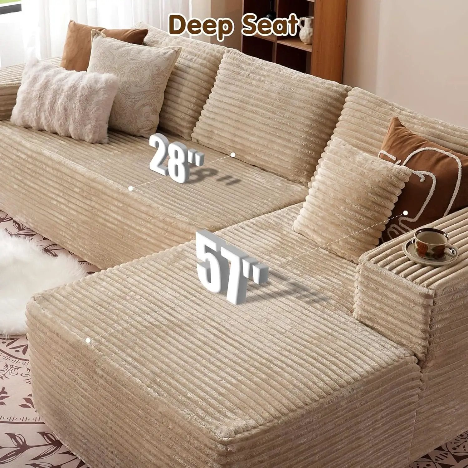 104 Inch Cloud Sectional Sofa Beige No Assembly Required Modern Upholstered Deep Seat Living Room from PriceLows™