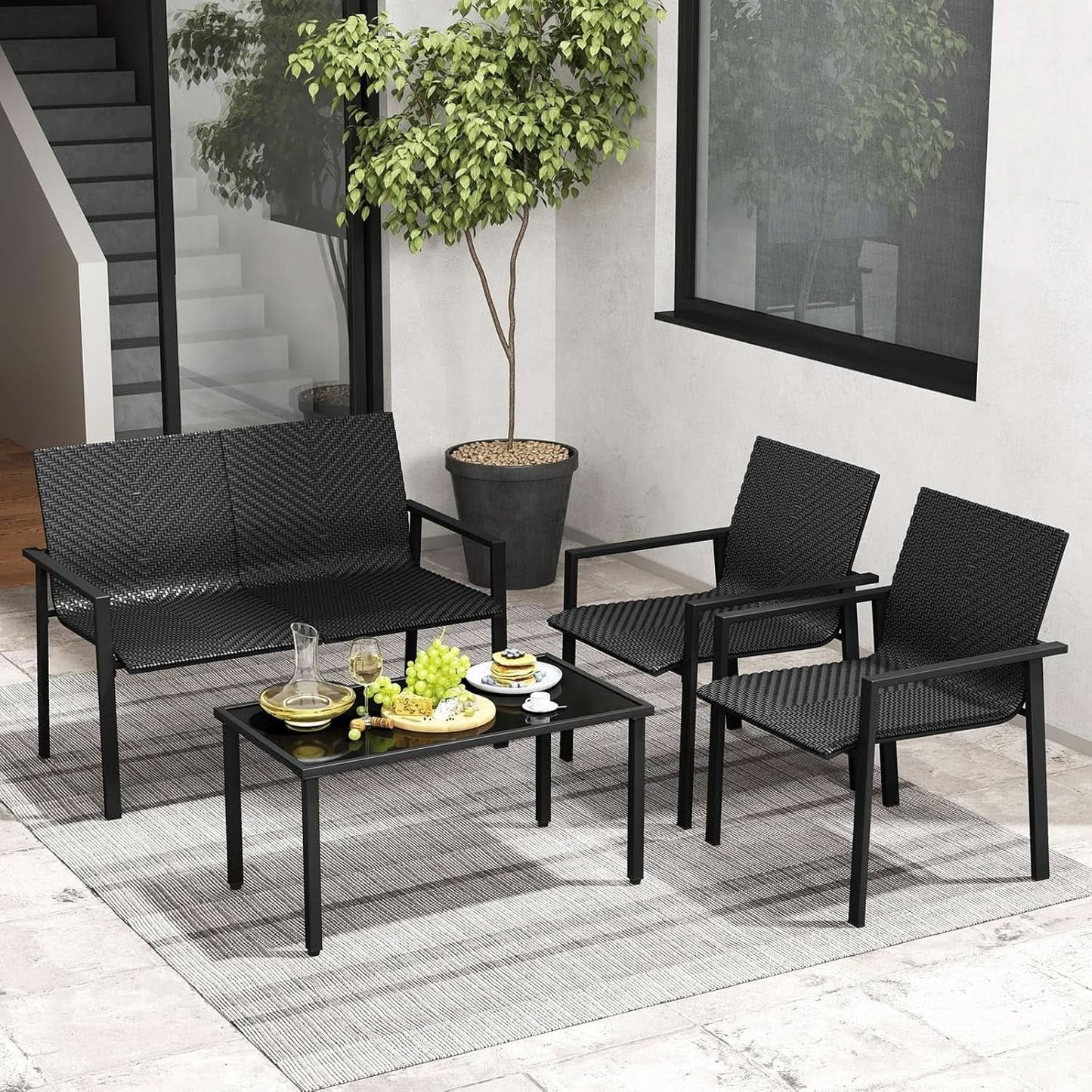 4 Piece Wicker Patio Conversation Set Black Coffee Table from PriceLows™