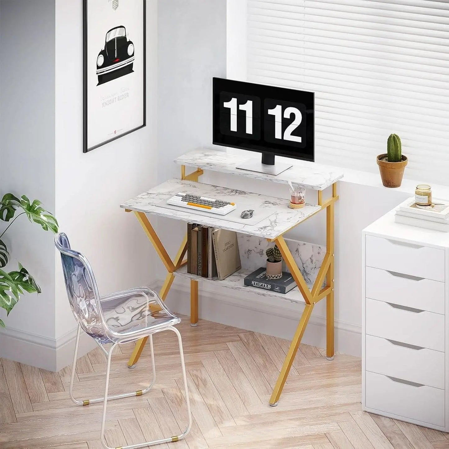 27.5 Inch Computer Desk With Monitor Stand And Storage White Marble Gold Leg from PriceLows™