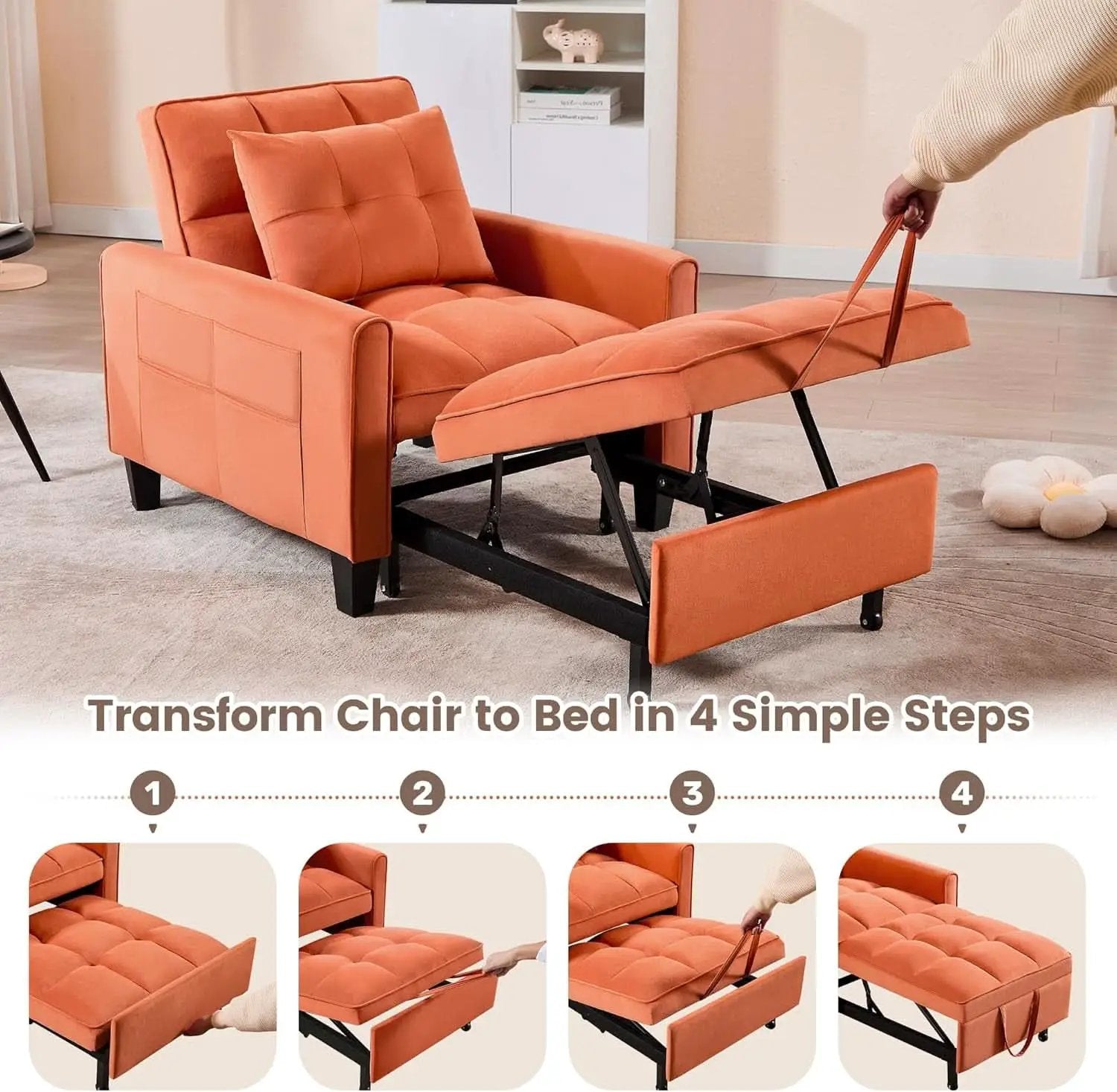 Three In One Velvet Orange Convertible Sleeper Chair from PriceLows™
