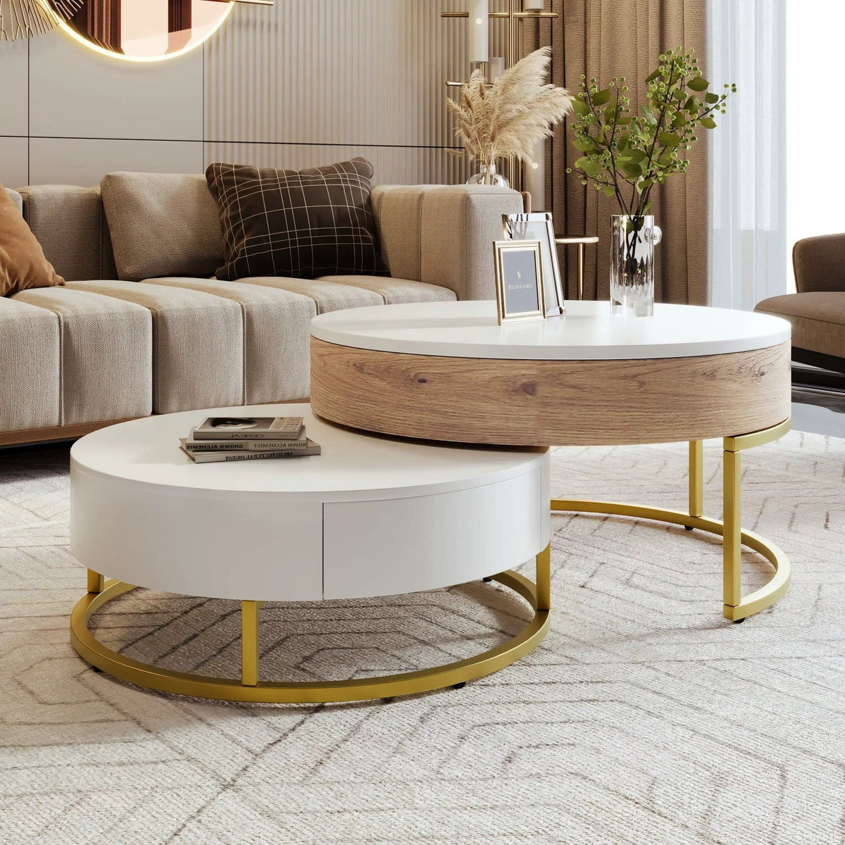 Modern Round Lift-Top Nesting Coffee Tables With 2 Drawers | 31.5 x 31.5 x 15.7 in | Metal | Living Room