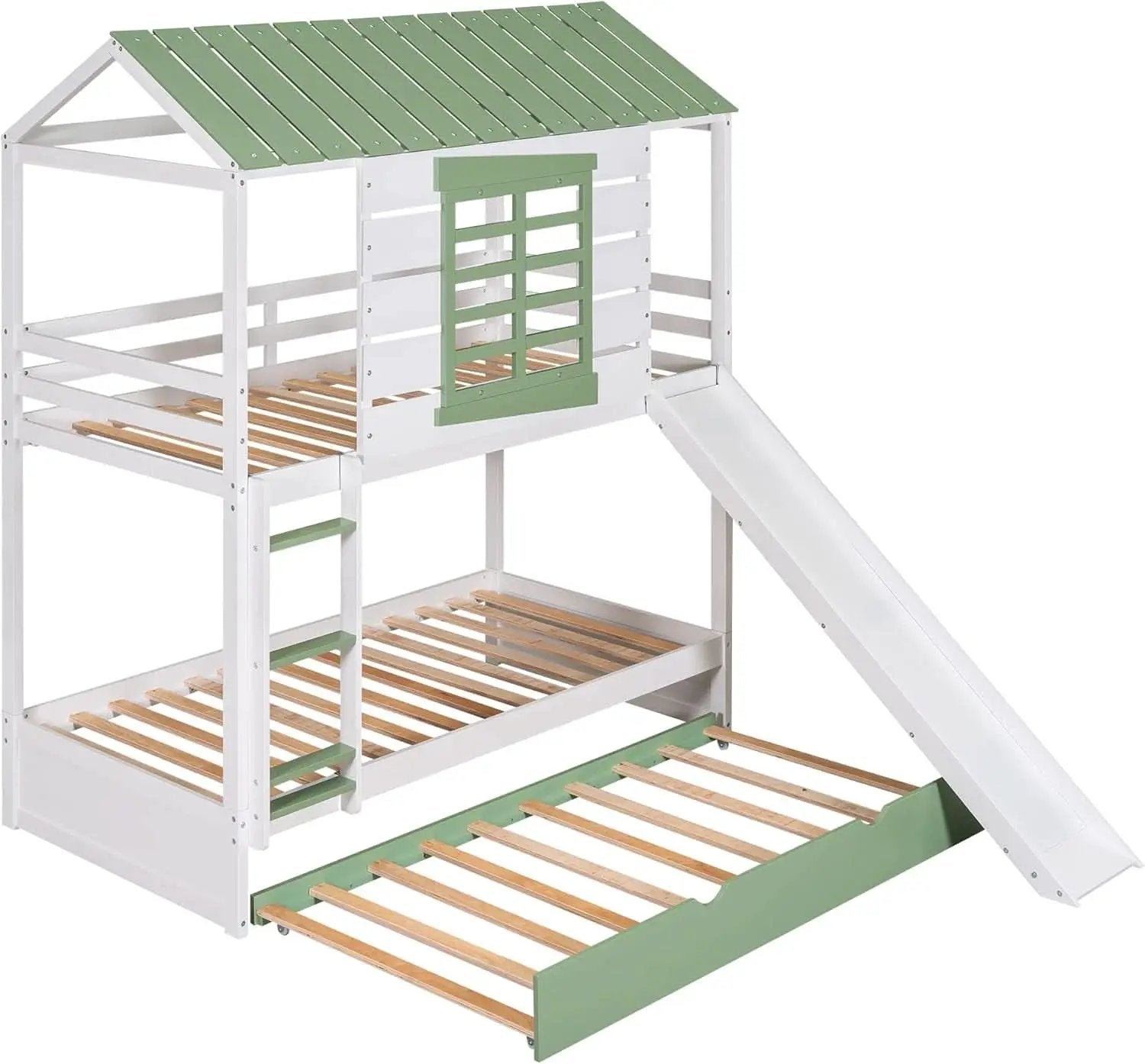 Bunk Bed Twin Over Twin With Slide And Trundle White Green from PriceLows™
