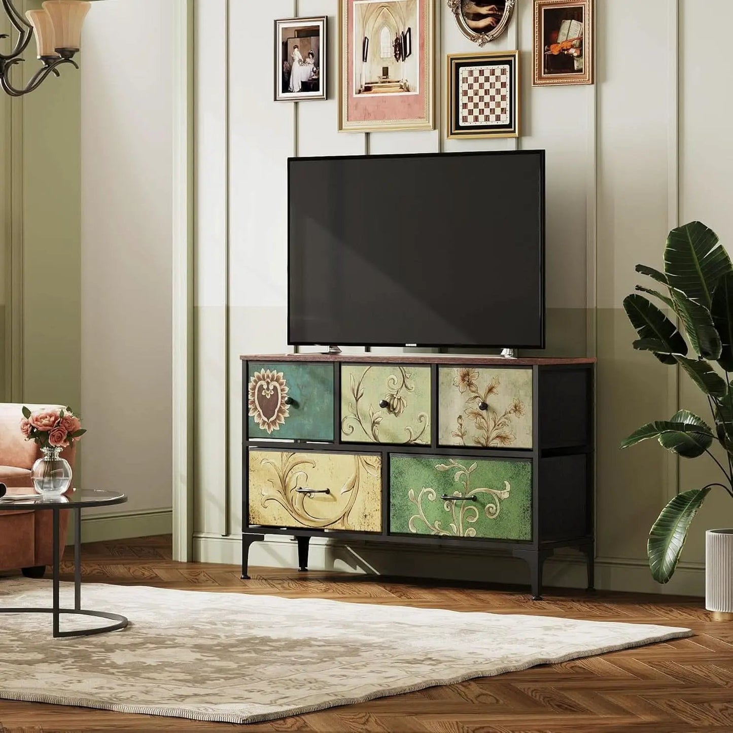 Floral Painted Dresser With 5 Drawers And Fabric Bins from PriceLows™