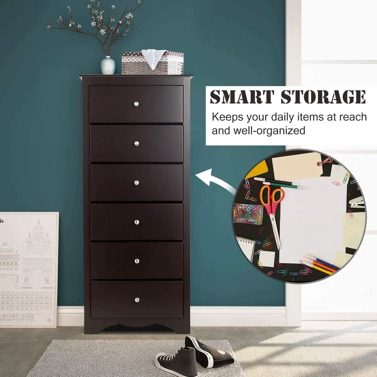 Brown Wood 6 Drawer Dresser For Bedroom Storage Unit from PriceLows™