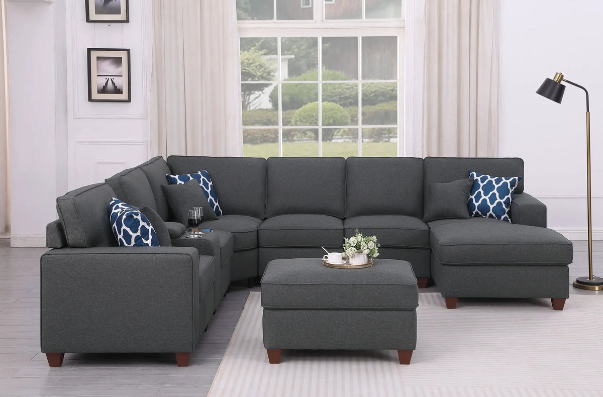 Tina 8-Piece Sectional | Upholstered Design | Ottoman Included | USB Cupholder Console