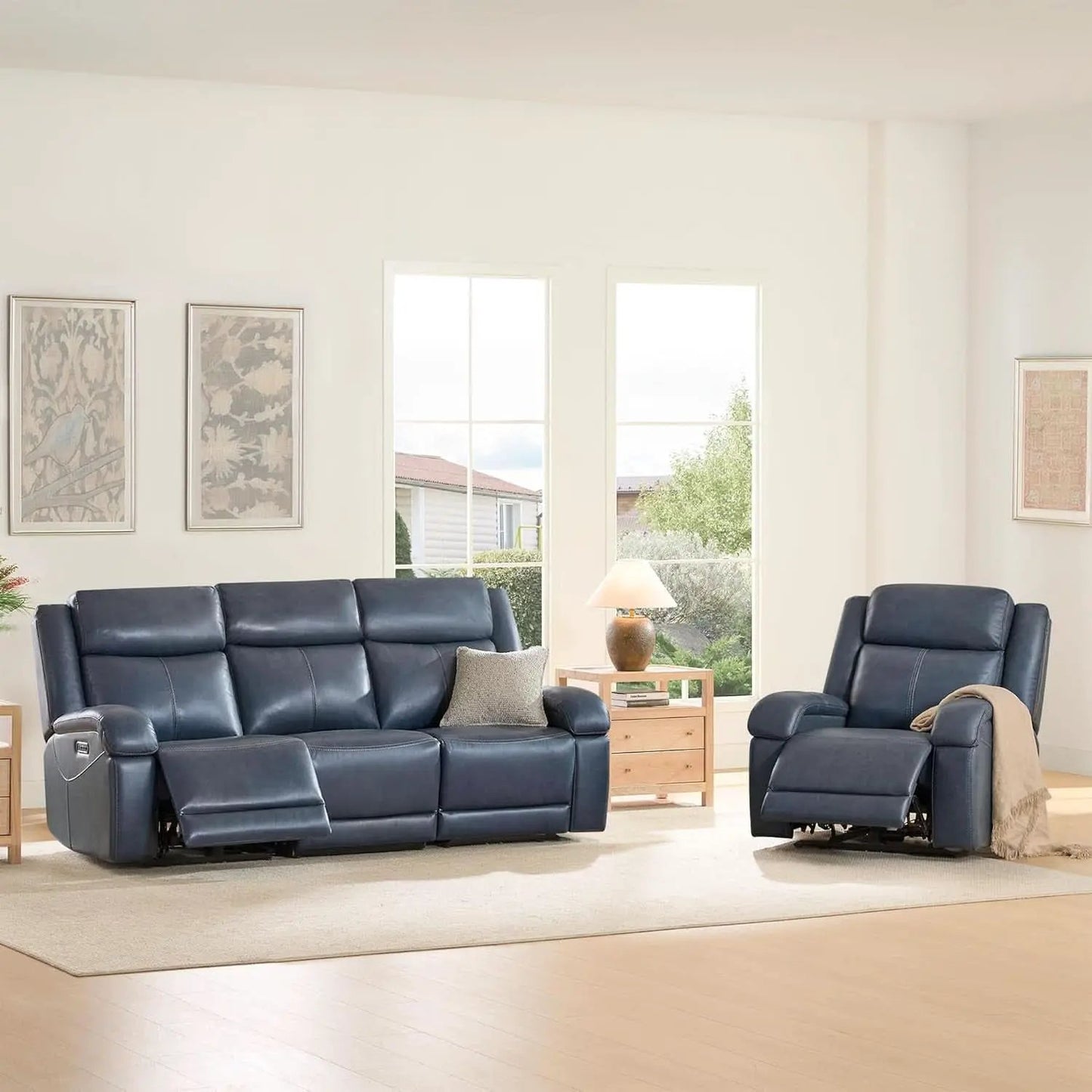 Navy Genuine Leather Power Recliner Sofa With USB Type C from PriceLows™