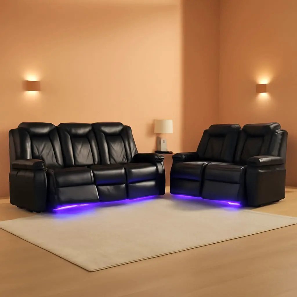 Power Recliner Sofa With LED Lights Black Leather 2 Piece from PriceLows™