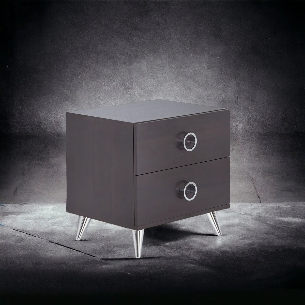Elms Accent Table Nightstand | Espresso Finish | Two Storage Drawers | Silver Ring Handles