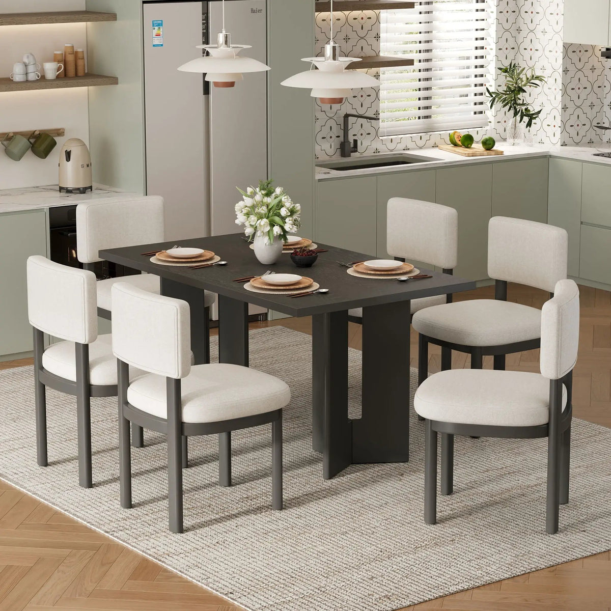 Dining Table Set | 60 Inch Rectangular | Six Upholstered Chairs