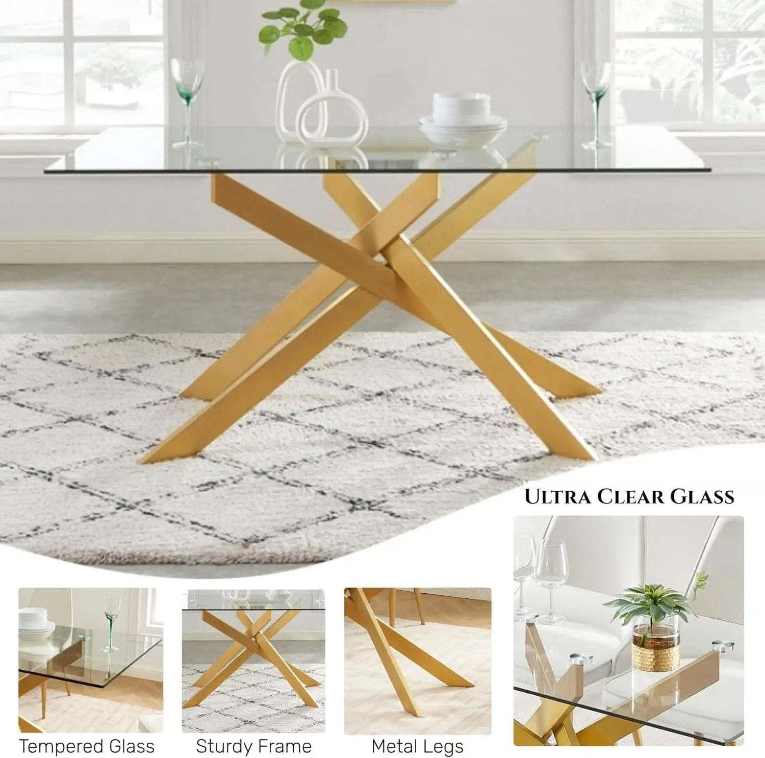 Rectangular Tempered Glass Dining Table Gold Finish from PriceLows™