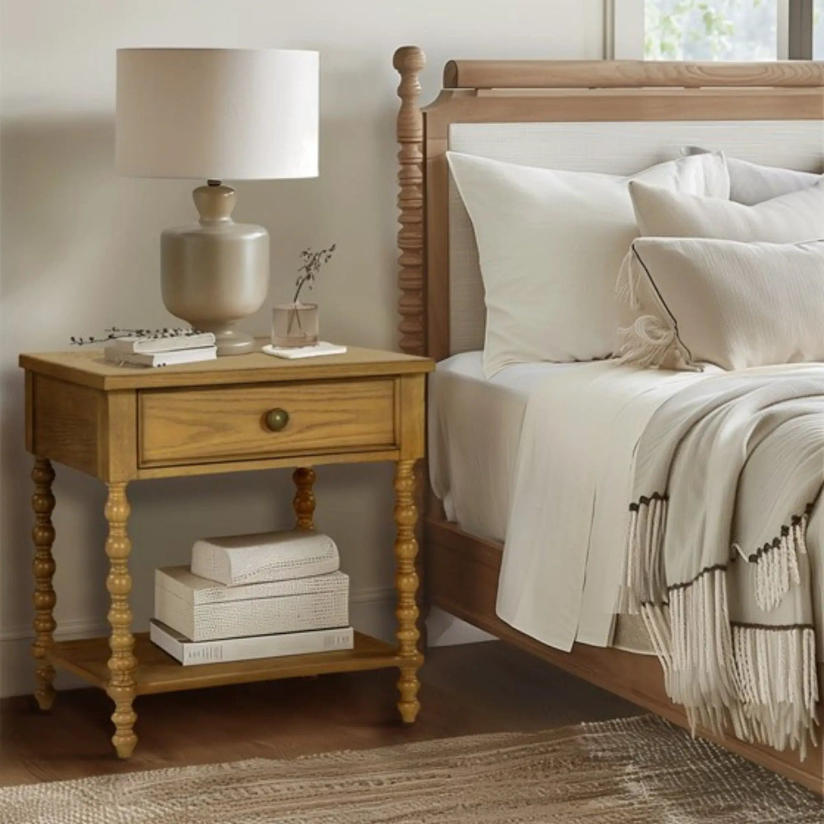 Traditional Nightstand Table | Solid Wood Frame | Drawer And Shelf | Turned Legs