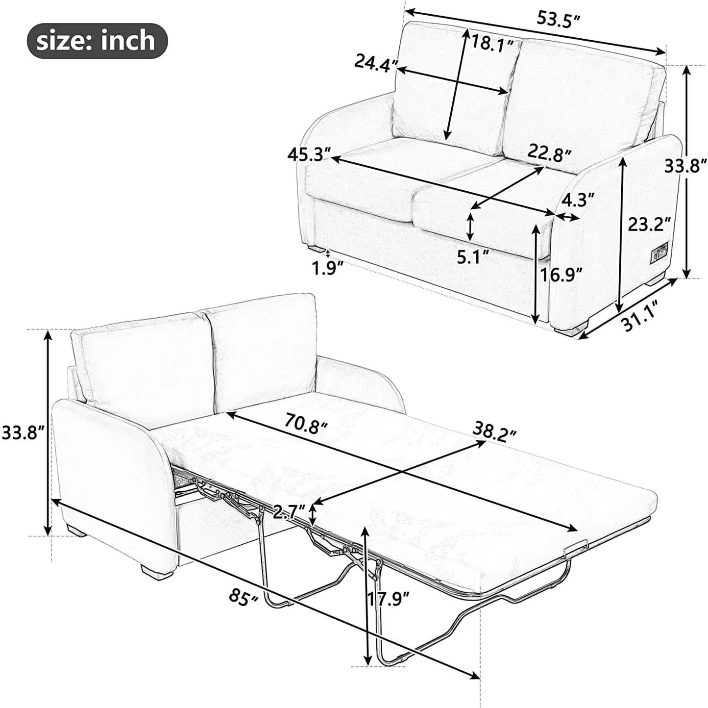 2 In 1 Velvet Sleeper Sofa With USB Port Convertible Loveseat Bed Soft Velvet Upholstery For Small Living Rooms Guests from PriceLows™
