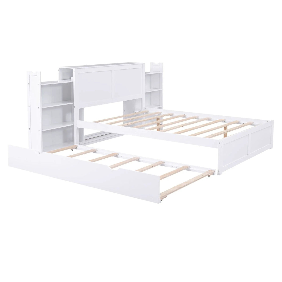 Storage Platform Bed | Solid Pine Wood | Pull Out Shelves | Trundle