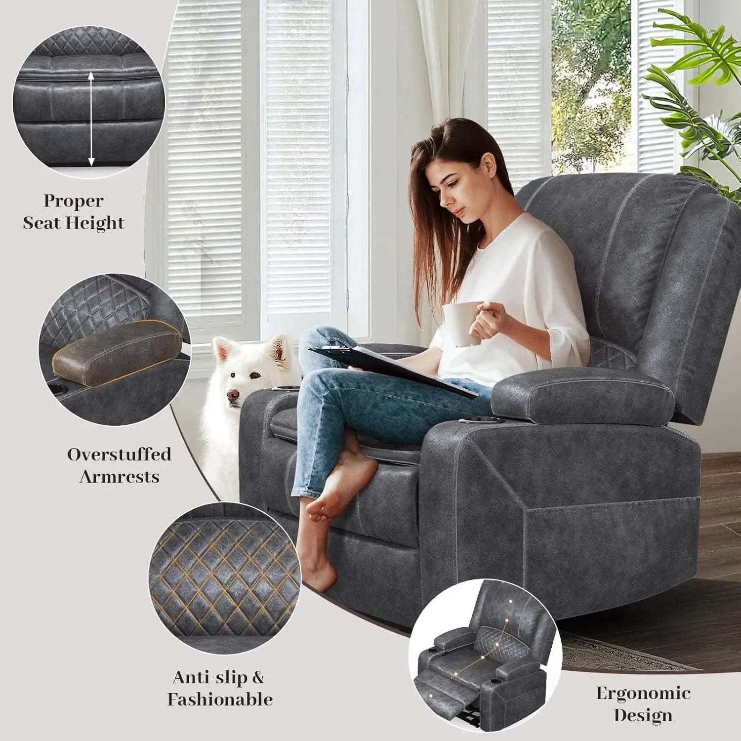 Grey Leather Reclining Loveseat Sofa Set With Console And Two Chairs from PriceLows™